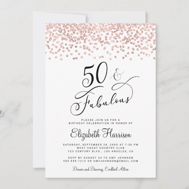 50th Birthday Party Rose Gold Glitter Invitation (Front)