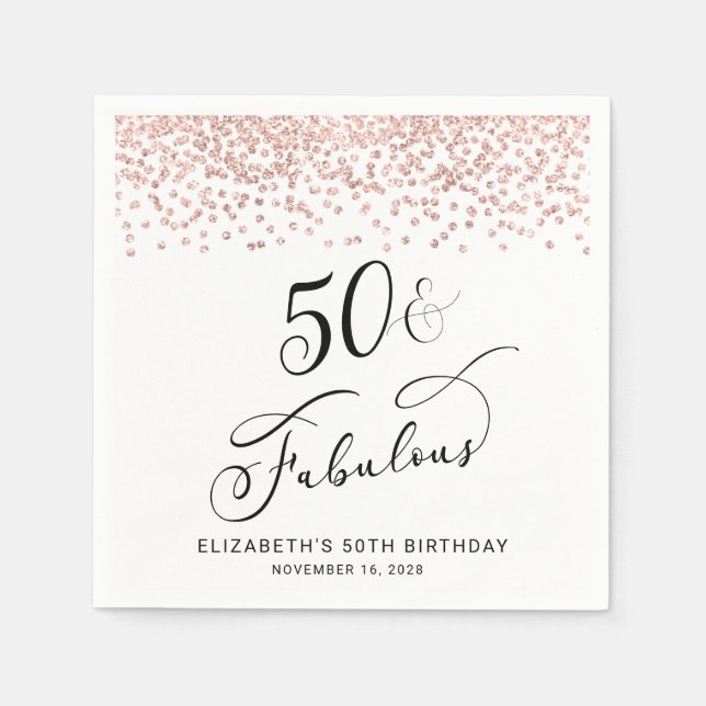 50th Birthday Party Rose Gold Glitter Napkin (Front)