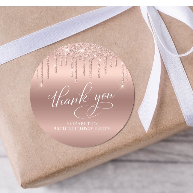 50th Birthday Party Rose Gold Glitter Thank You Classic Round Sticker (Creator Uploaded)