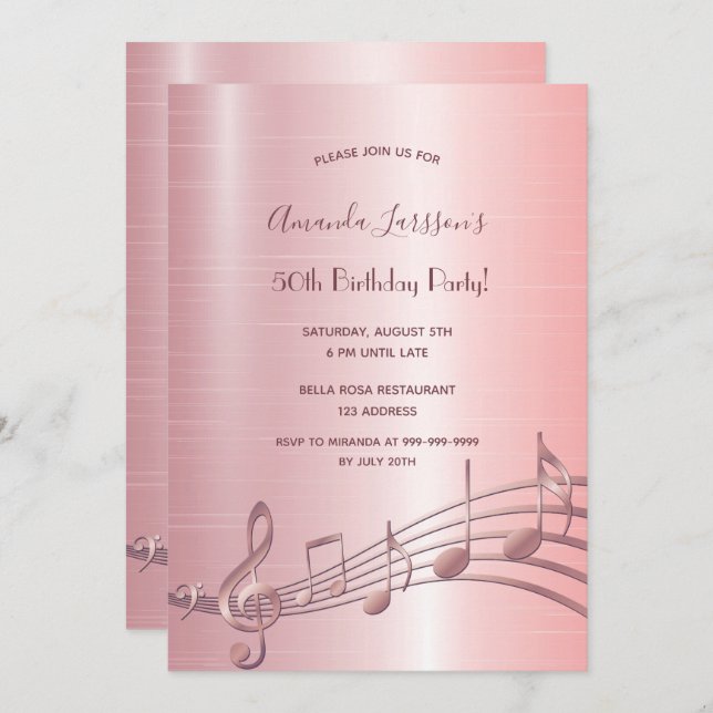 50th birthday party rose gold music notes invitation (Front/Back)