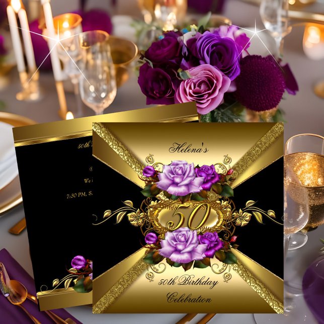 50th Birthday Party Roses Purple Gold Black Invitation (Creator Uploaded)