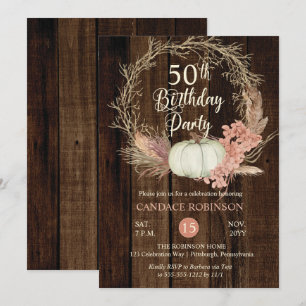 50th Birthday Party - Rustic Pumpkin Pampas Wreath Invitation
