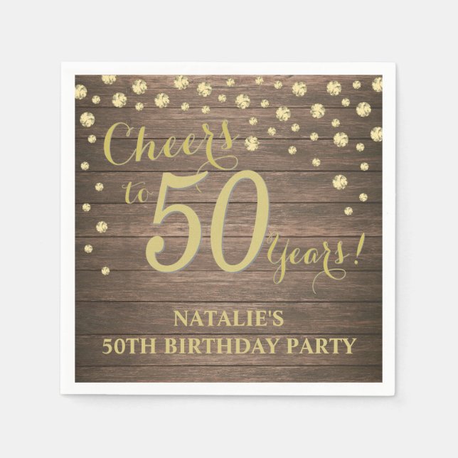 50th Birthday Party Rustic Wood and Gold Diamond Napkin (Front)