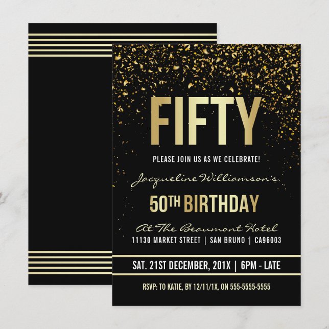 50th Birthday Party | Shimmering Gold Confetti Invitation (Front/Back)