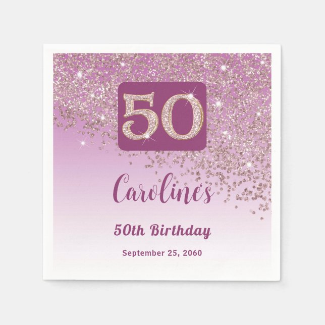50th Birthday Party Sparkle Rose Gold Glitter Napkin (Front)