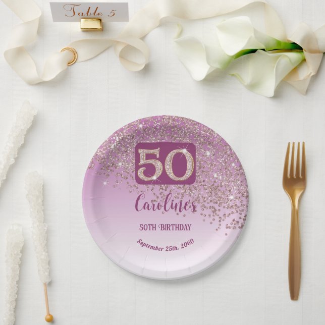 50th Birthday Party Sparkle Rose Gold Glitter Paper Plate (Wedding)
