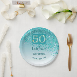 50th Birthday Party Sparkle Teal Blue Glitter Paper Plate