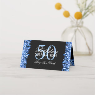 50th Birthday Party Sparkles Blue Place Card
