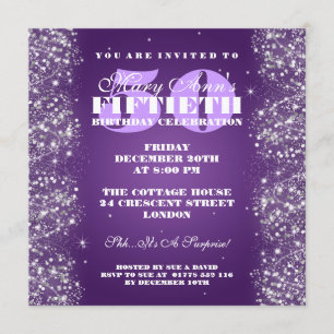 50TH Birthday Party Sparkling Glitter Purple Invitation