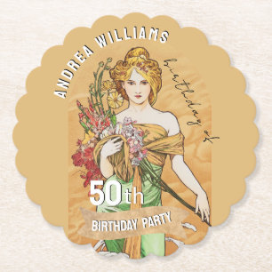 50th Birthday Party, Spring Goddess, Vintage Art Paper Coaster