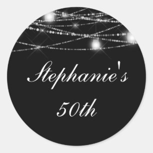 50th Birthday Party String Lights Jars Black Classic Round Sticker