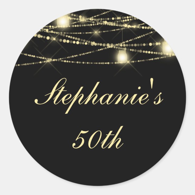 50th Birthday Party String Lights Jars Black Gold Classic Round Sticker (Front)
