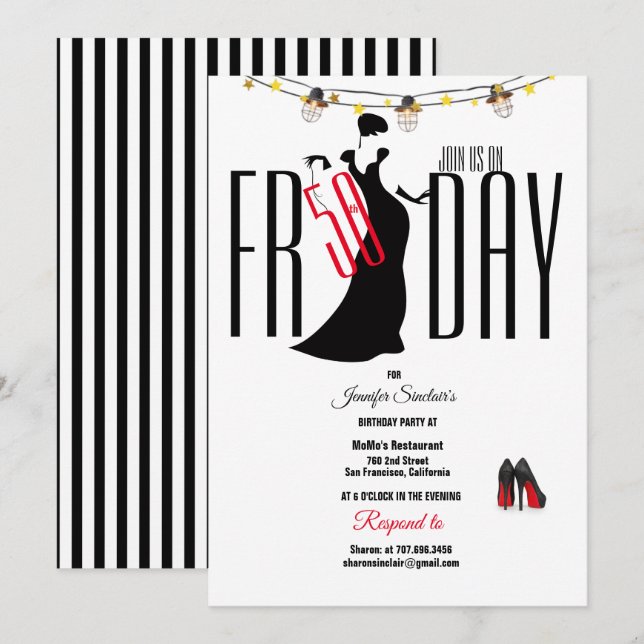 50th Birthday Party Stripes Stiletto's Unique Invitation (Front/Back)