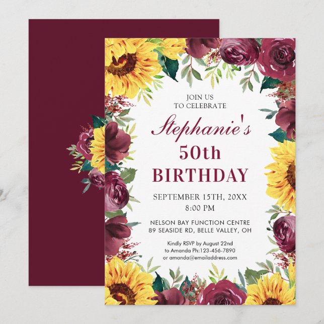 50th Birthday Party Sunflower Burgundy Rose Border Invitation (Front/Back)