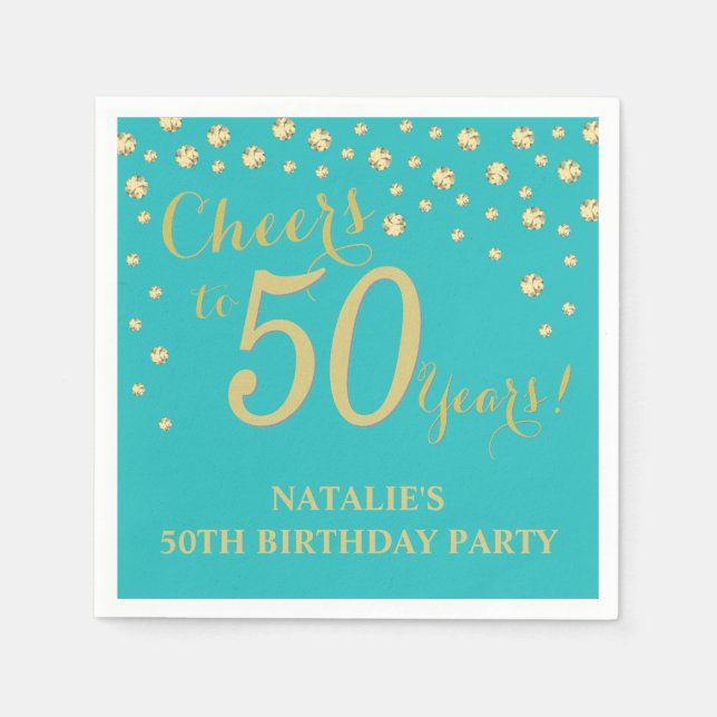 50th Birthday Party Teal and Gold Diamond Napkins (Front)