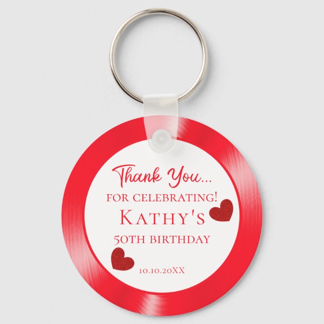 50th Birthday Party Thank You Red Hearts Keychain (Front)