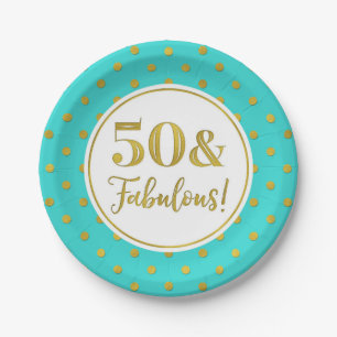 50th Birthday Party Turquoise White Gold Dots Paper Plate