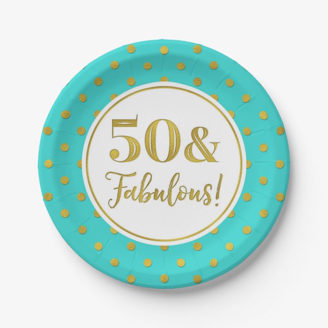 50th Birthday Party Turquoise White Gold Dots  Paper Plate (Front)