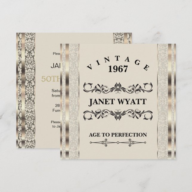 50th Birthday Party | Vintage Creme & Gold Invitation (Front/Back)