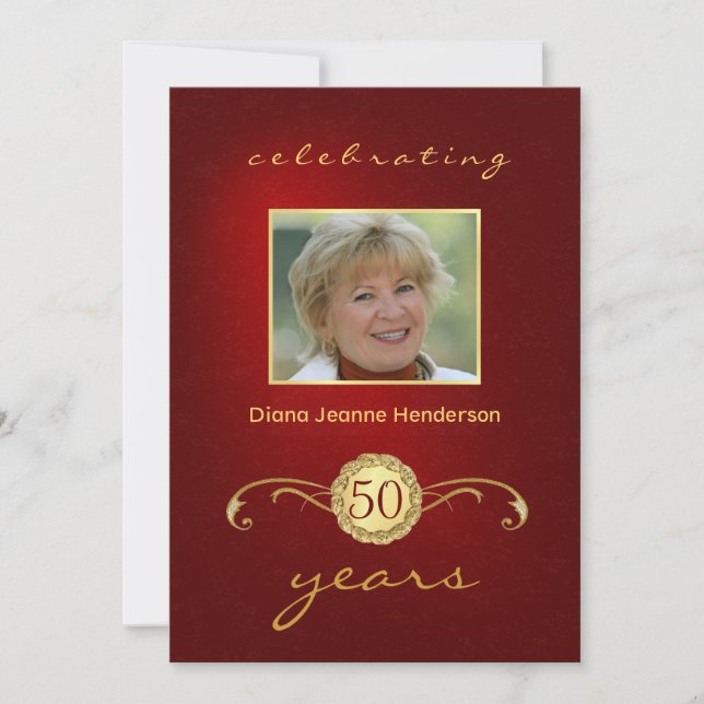 50th Birthday Party - Vintage Monogram Red & Gold Invitation (Front)