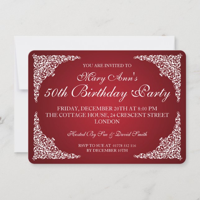 50th Birthday Party Vintage Swirls Red Invitation (Front)