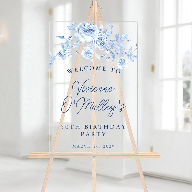 50th Birthday Party Welcome Blue Rose Floral Acrylic Sign (Creator Uploaded)