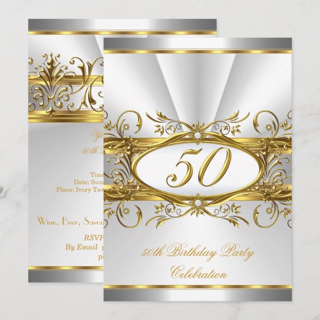 50th Birthday Party White Gold Floral Silver Invitation (Front/Back)