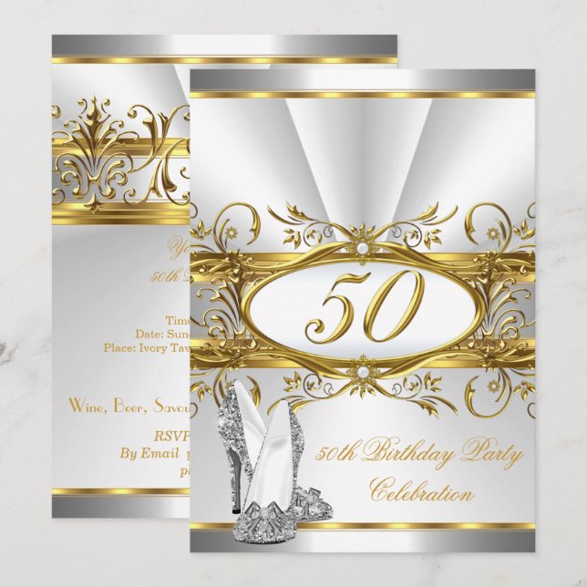 50th Birthday Party White Gold Silver Heels Invitation (Front/Back)