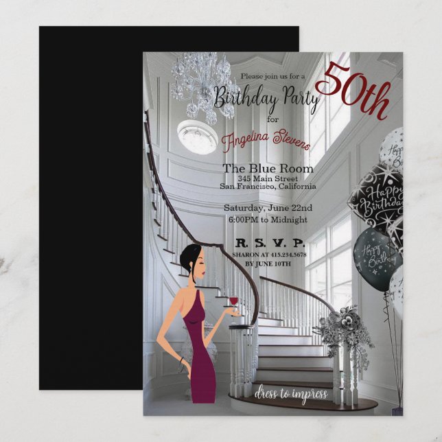 50th Birthday Party Women Staircase Elegant Invitation (Front/Back)