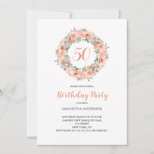 50th Birthday Peach Floral Watercolor Invitation