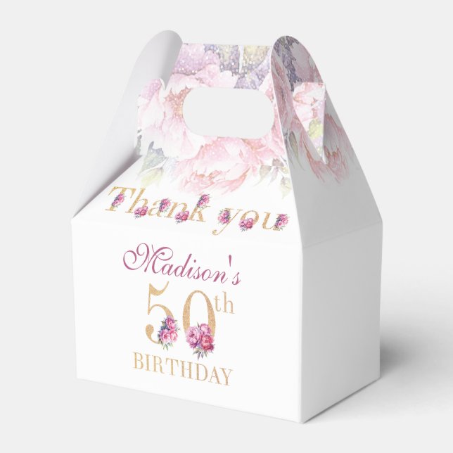 50th Birthday Peonies Pink Gold Glitter Custom Favor Box (Front Side)