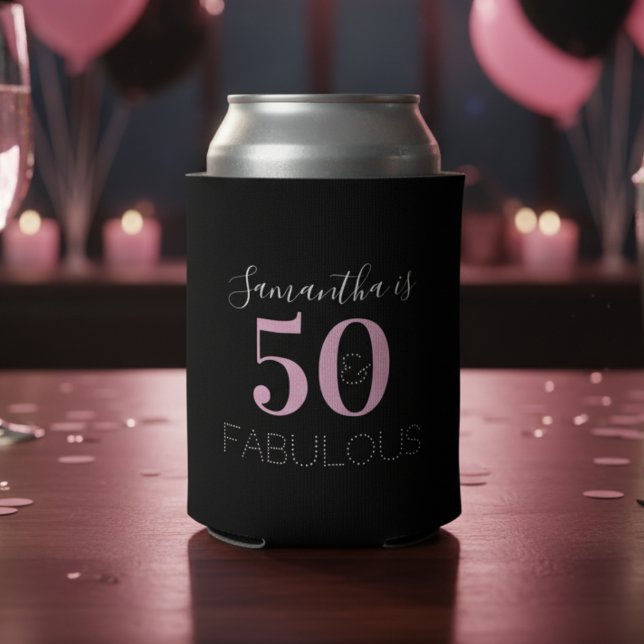 50th Birthday Personalized Black Pink Can Cooler (Creator Uploaded)