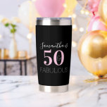 50th Birthday Personalized Black Pink Insulated Tumbler<br><div class="desc">Modern, 50 and fabulous typography design, in pink and black. Perfect for an elegant and chic 50th birthday gift, party accessory or party favor. To personalize, simply add your name in the personalize this box. Check out the design editing tool, to change the color or font. Contact the designer for...</div>