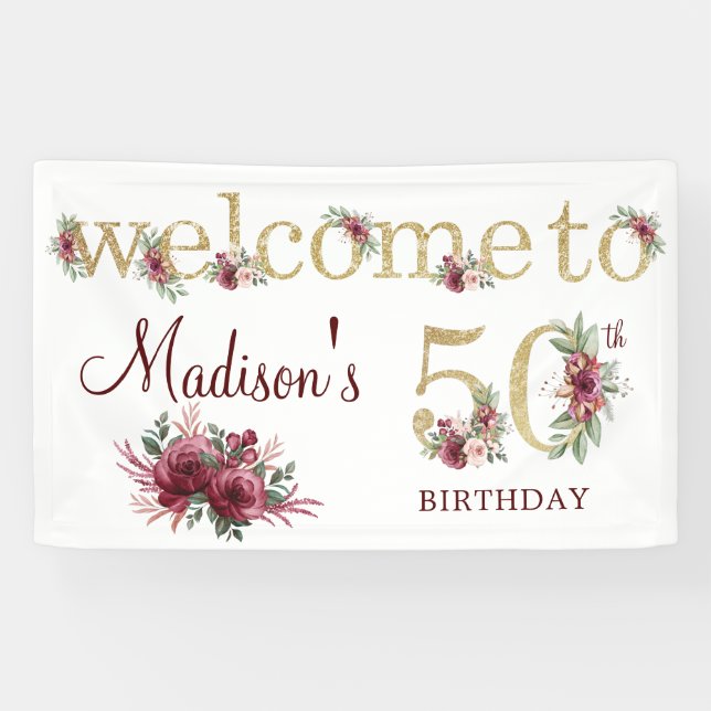 50th Birthday Personalized Burgundy Gold Banner (Horizontal)