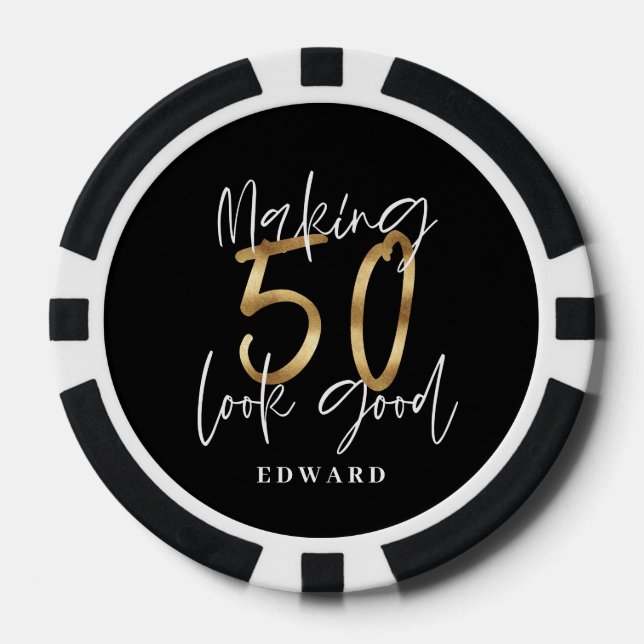 50th birthday personalized favour gift black gold poker chips (Front)