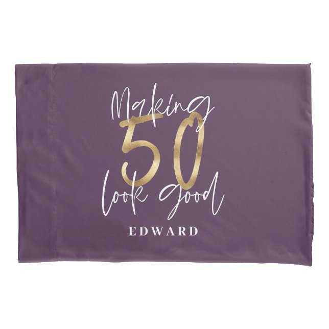 50th birthday personalized favour gift purple gold pillowcase (Front)