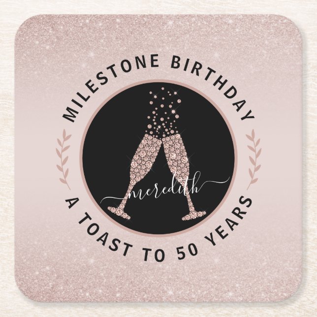 50th Birthday Personalized Glitter Champagne Toast Square Paper Coaster (Front)