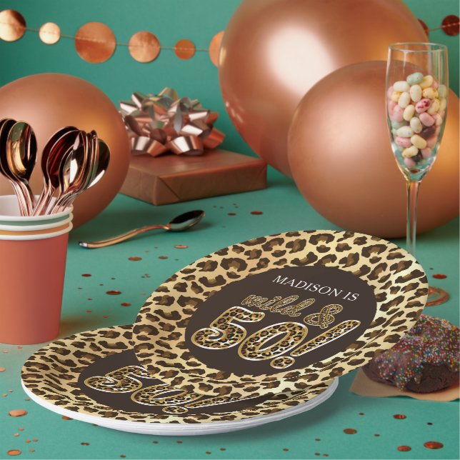 50th Birthday Personalized Leopard Foil Balloon Paper Plate (Multi)