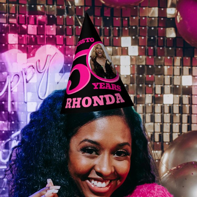 50th birthday personalized photo pink black party hat (Creator Uploaded)