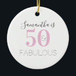 50th Birthday Personalized Typography Ceramic Ornament<br><div class="desc">This is a stylish 50th birthday design. This modern, 50 and fabulous typography design, is in pink, grey and black with stylish typography. Perfect for an elegant and chic 50th birthday gift, party decoration, keepsake or favour. To personalize, simply add your name in the personalize this box. Check out the...</div>