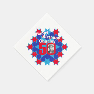50th birthday photo and name red star napkins