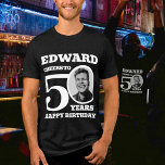 50th Birthday photo and name white text<br><div class="desc">Happy 50th Birthday black text, name and photo t-shirt. Fun 50th personalized photo t-shirt in bold white text design. Personalize this birthday shirt with a photograph of the birthday person in the middle of the number 0. Great idea for adding some fun to a milestone fiftieth birthday party celebration. Other...</div>