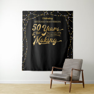 50th Birthday Photo Backdrop Black and Gold Tapestry