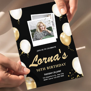 50th Birthday Photo Birthday • Elegant Black Gold Invitation