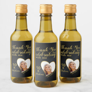 50th Birthday Photo Black and Gold Thank You Wine Label