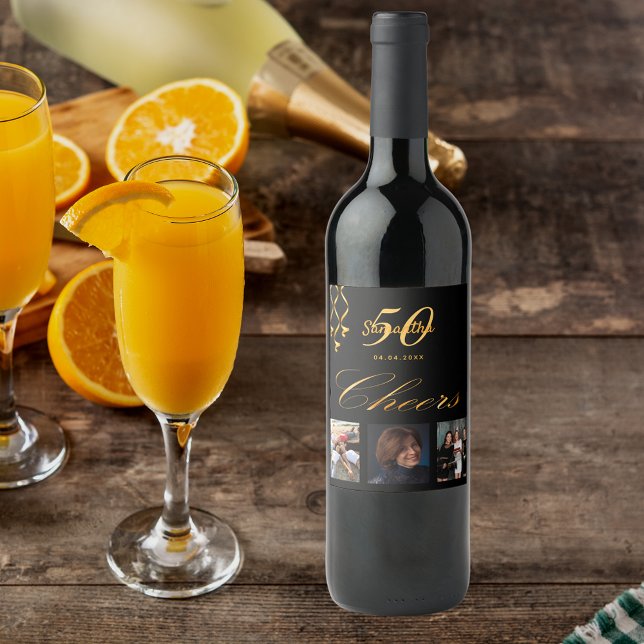 50th birthday photo black gold cheers script wine label (Creator Uploaded)