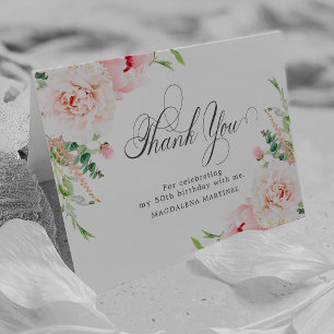 50th Birthday Photo Blush Pink Floral Folded Thank You Card