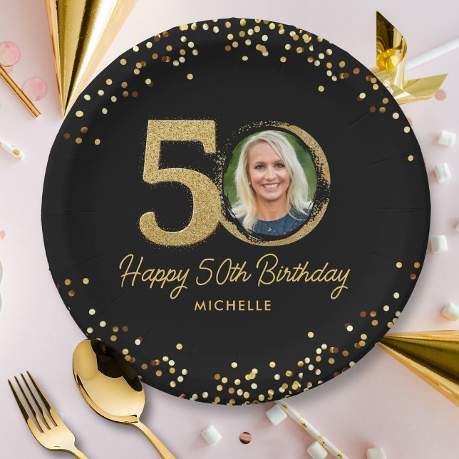 50th Birthday Photo Chic Black Gold Glitter Custom Paper Plate (Creator Uploaded)
