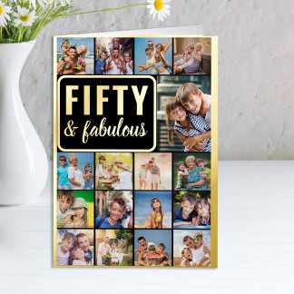 50th Birthday Photo Collage Black and Gold Foil Greeting Card