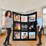 50th birthday photo collage black fleece blanket<br><div class="desc">A gift for a woman's 50th birthday,  celebrating her life with a collage of 8 of your photos.  Templates for a name,  age 50 and a date.  Date of birth or the date of the anniversary.  White and grey coloured letters.  Black coloured background.</div>